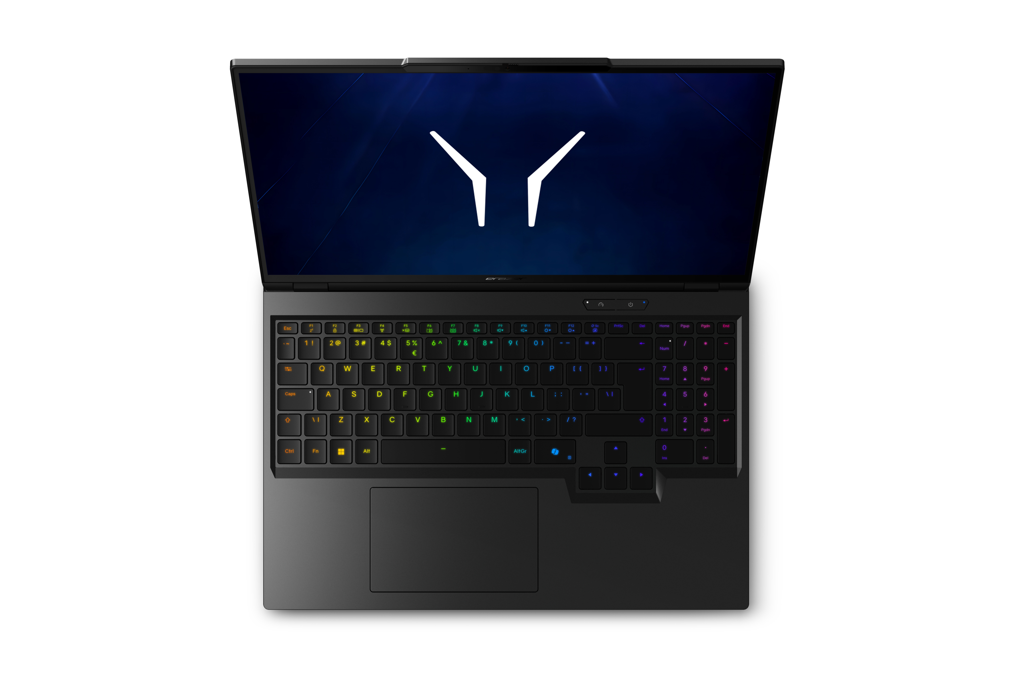 Ein geöffneter schwarzer Laptop mit einem leuchtenden weißen Logo auf einem dunkelblauen Bildschirm.