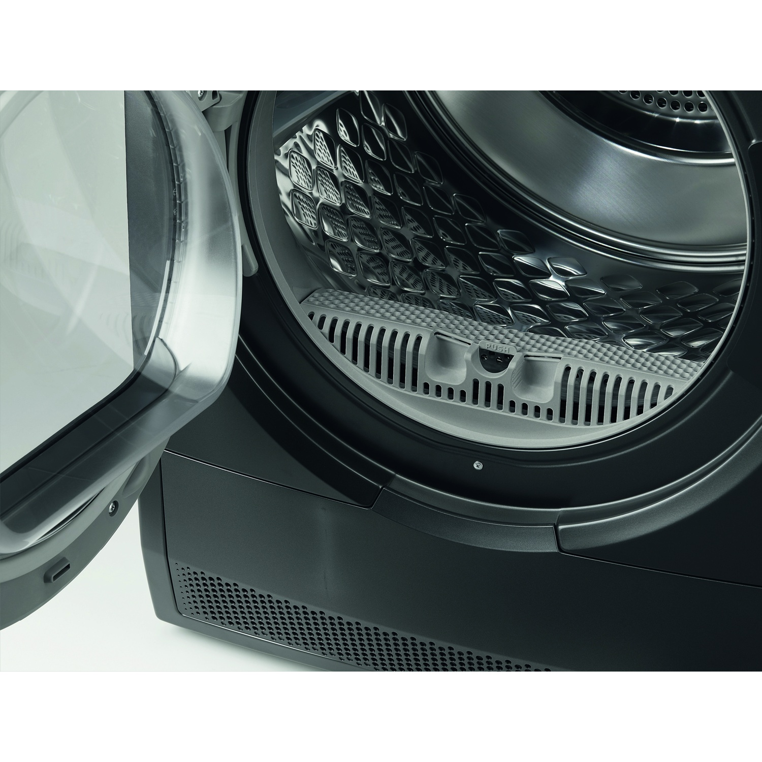A black dryer with an open door, showing the silver drum and filter inside.