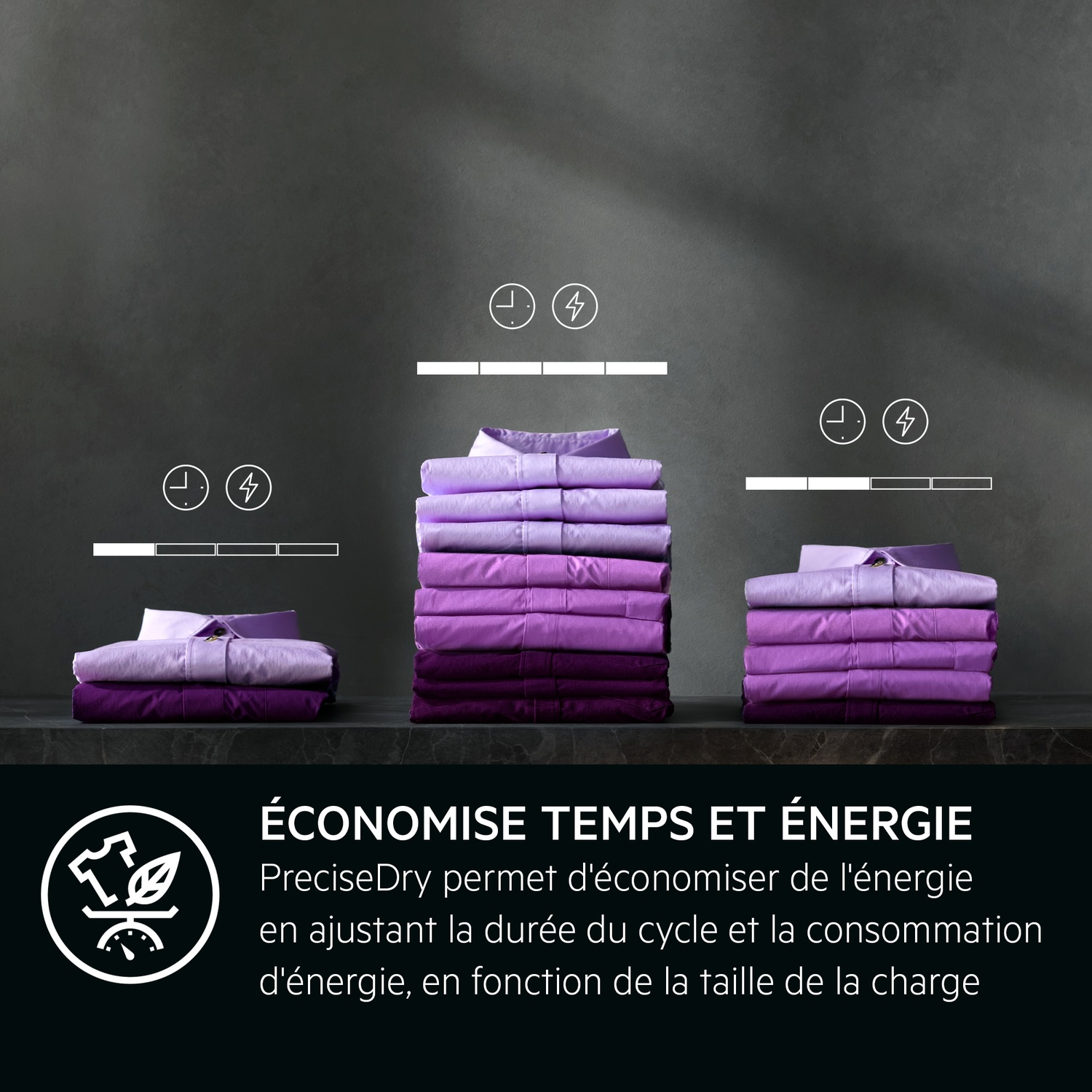 Piles de chemises violettes avec des icônes de temps et d'énergie.