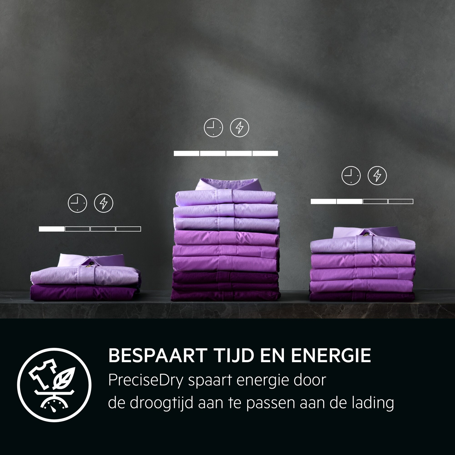 Three stacks of purple clothes on a dark background, with time and energy icons.