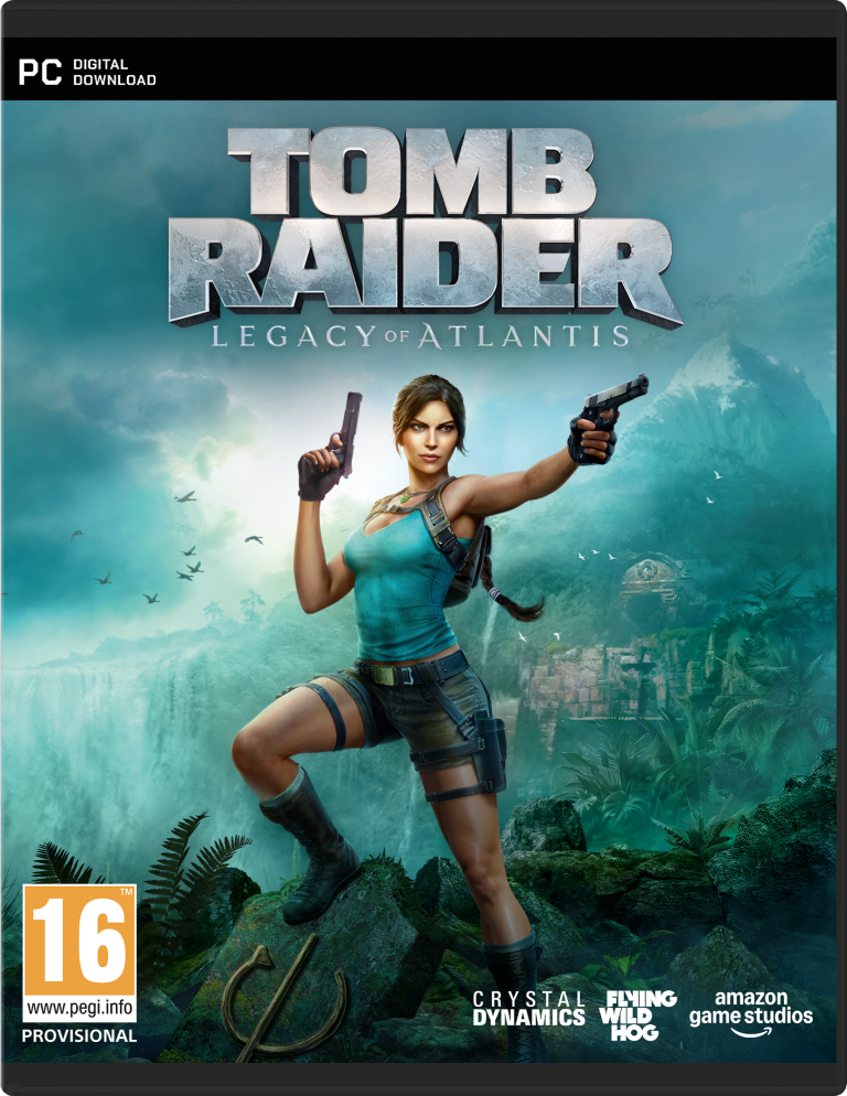Lara Croft z dwoma pistoletami przed wodospadami i ruinami.