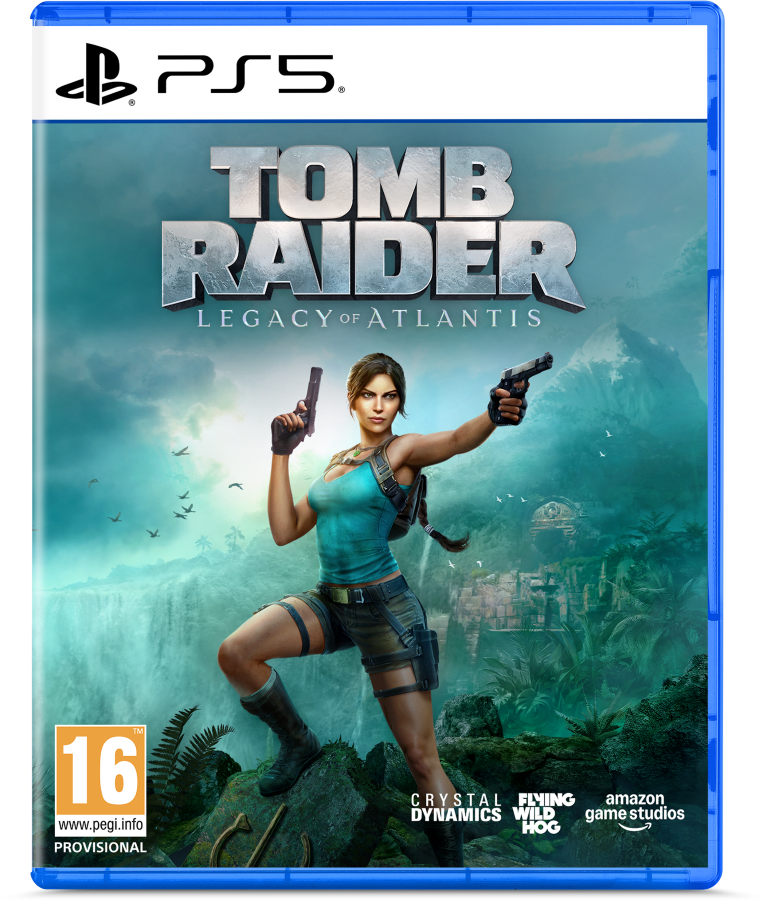 Okładka gry PS5 Tomb Raider: Legacy of Atlantis. Lara Croft z dwoma pistoletami, dżungla.