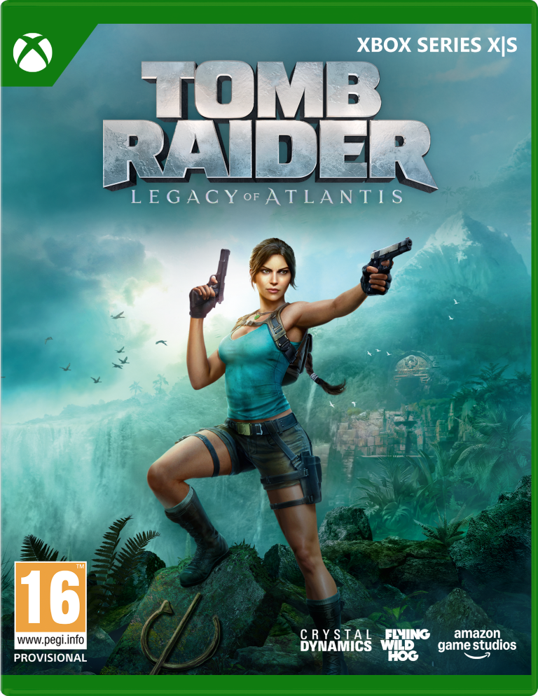 Lara Croft z dwoma pistoletami przed wodospadem i dżunglą.