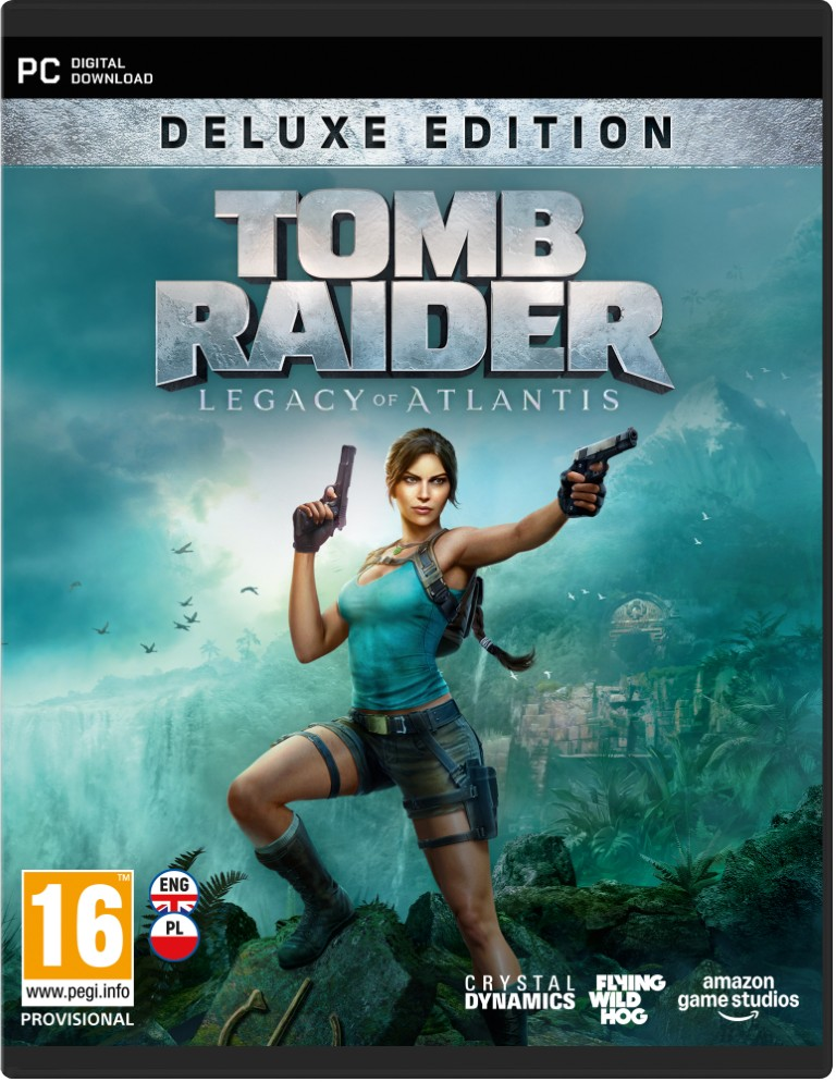 Lara Croft z dwoma pistoletami w scenerii dżungli z wodospadami i ruinami.