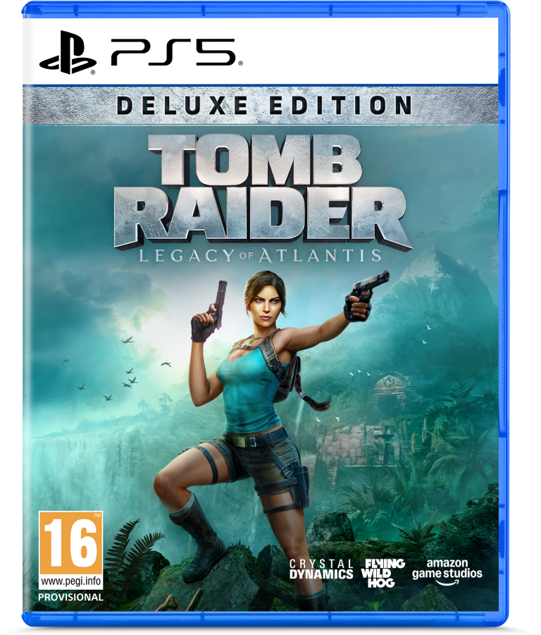 Okładka gry Tomb Raider Legacy of Atlantis PS5. Lara Croft trzyma dwa pistolety.