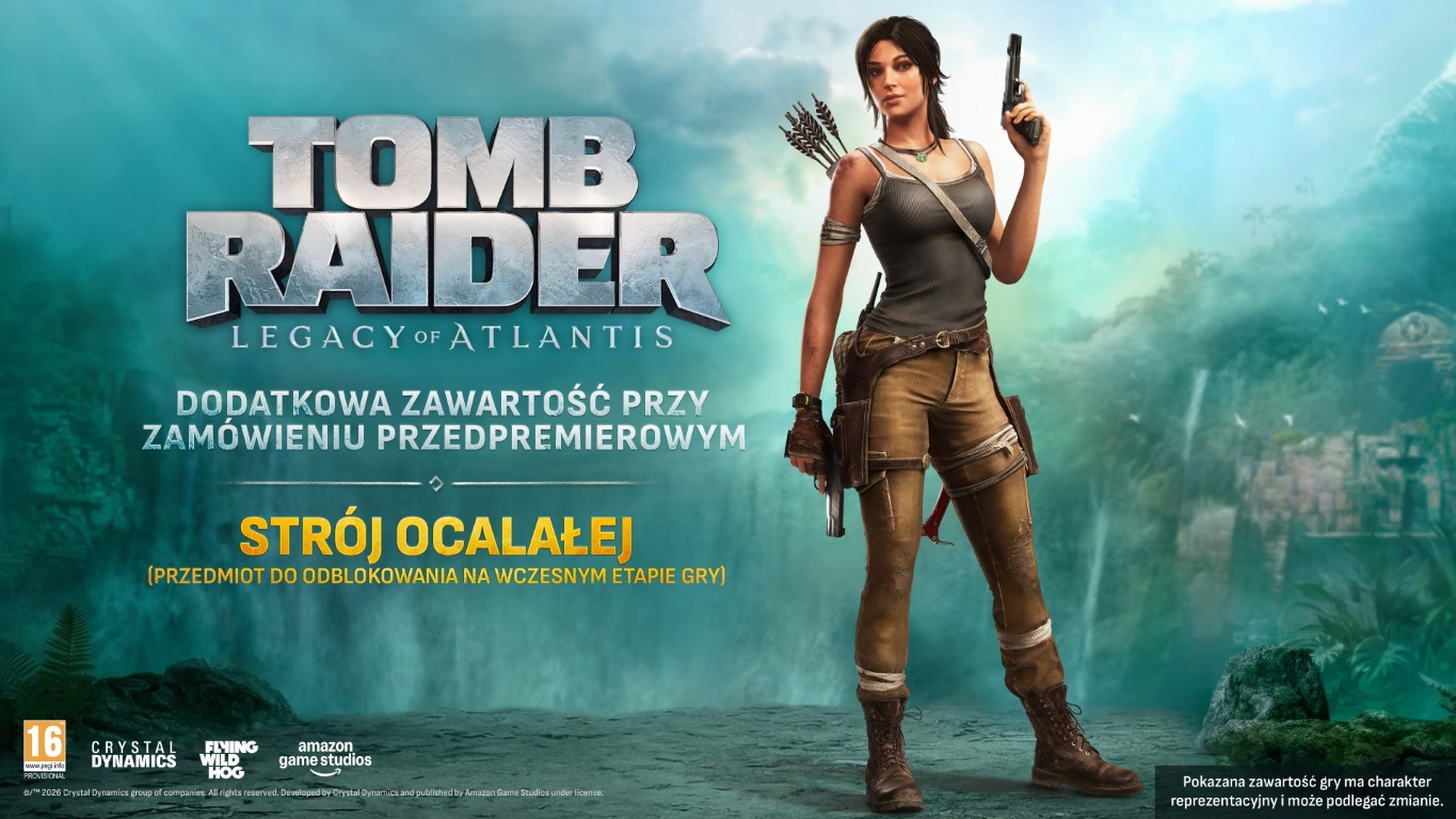 Lara Croft w pełnym rynsztunku przed logo Tomb Raider i krajobrazem dżungli.