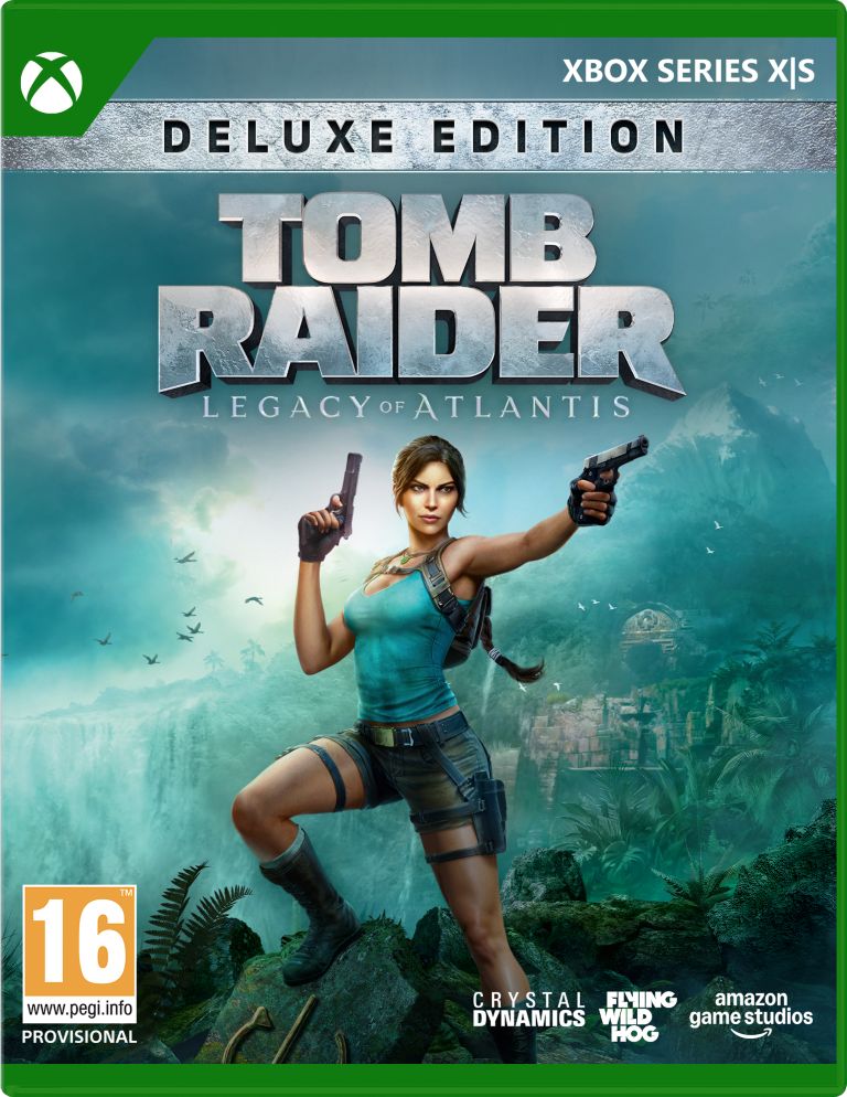 Okładka Tomb Raider: Legacy of Atlantis Deluxe Edition. Lara Croft pozuje z pistoletami.