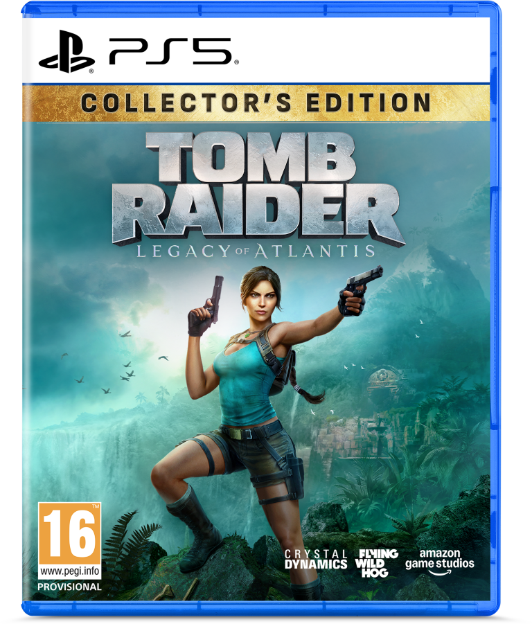 Lara Croft z dwoma pistoletami przed wodospadami i ruinami, Edycja Kolekcjonerska PS5.