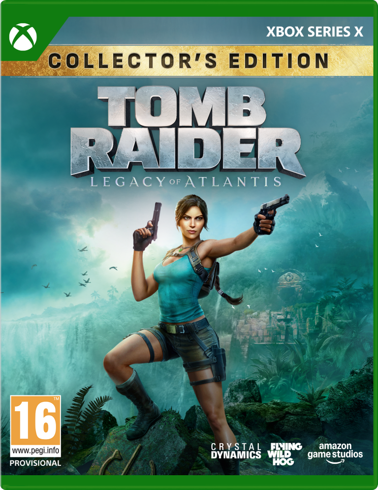 Tomb Raider Edycja Kolekcjonerska na Xbox Series X. Lara Croft trzyma dwa pistolety.