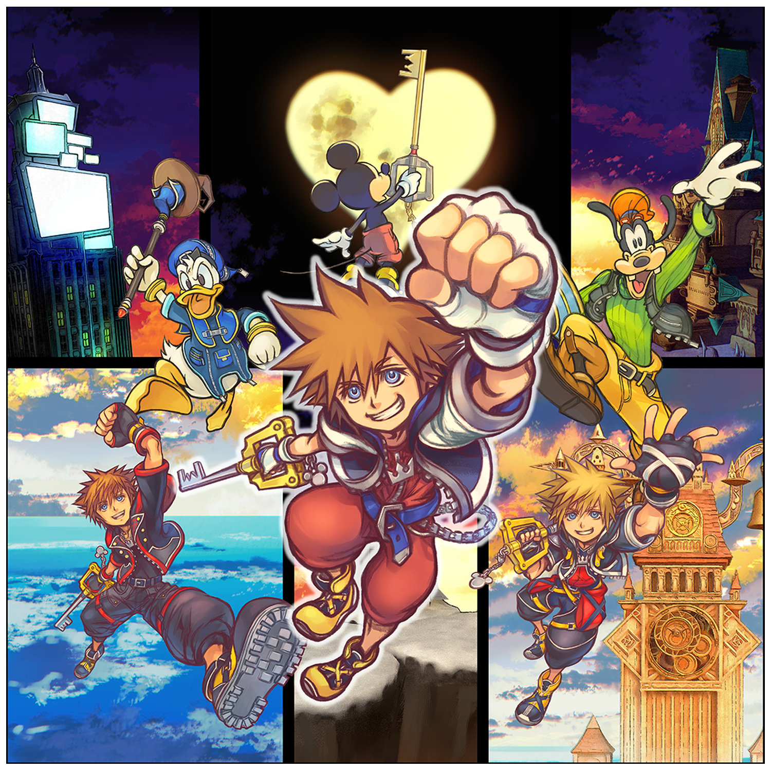 Kingdom Hearts-personages springen tegen achtergronden van steden en wolken.