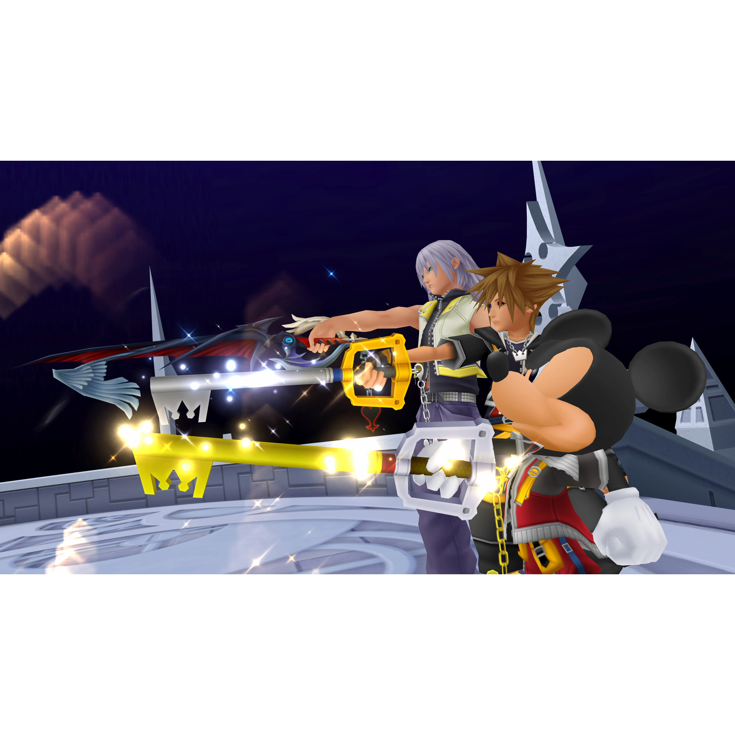 Sora en Riku staan met Keyblades in een donkere, sterrenrijke omgeving.
