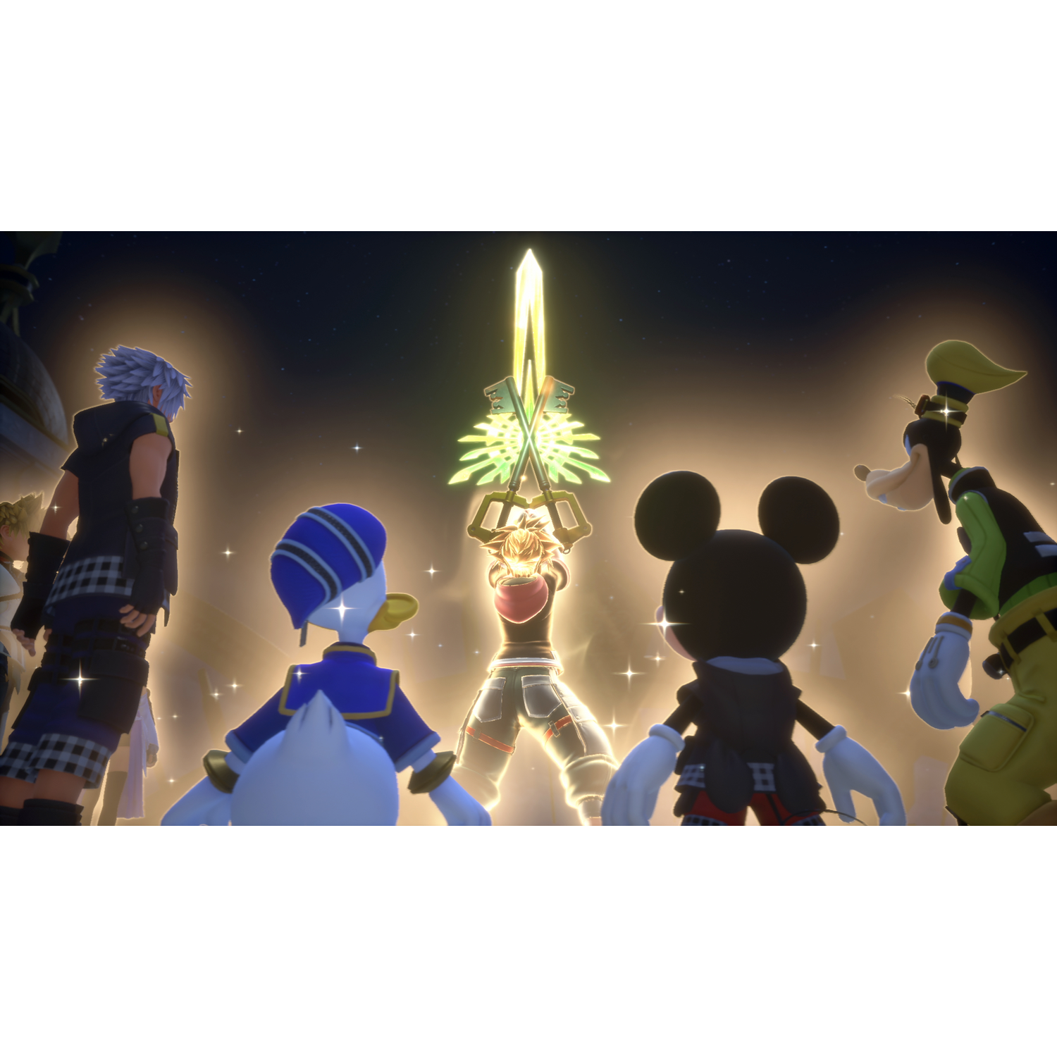 Sora houdt een gloeiend zwaard vast, omringd door Donald, Goofy, Mickey & Riku.