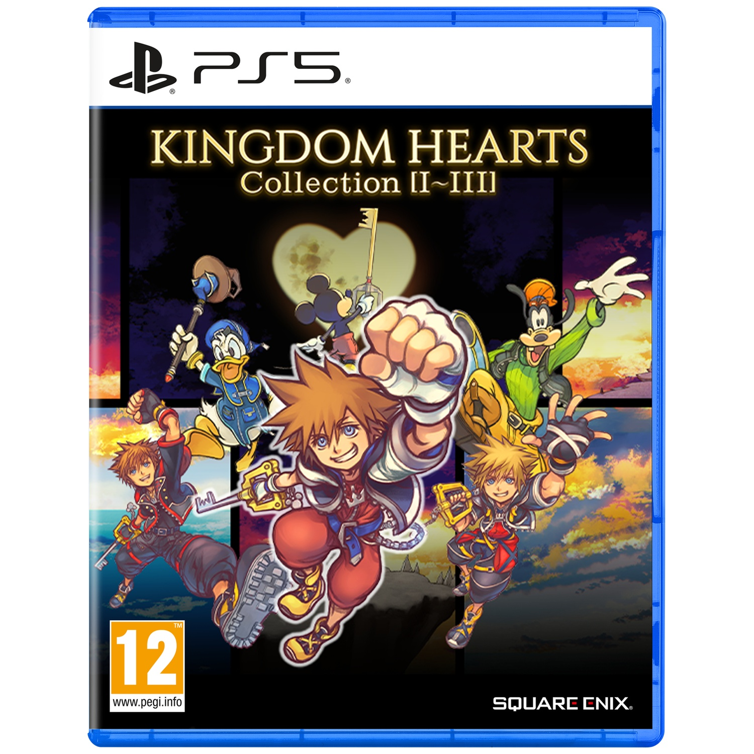 Couverture du jeu Kingdom Hearts PS5 avec Sora, Donald, Dingo et Mickey. Classé 12 ans.