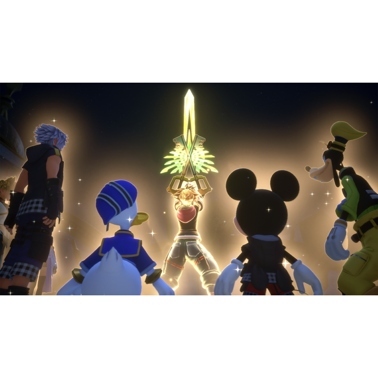 Sora tient la Kingdom Key. Donald, Dingo, Mickey, Riku se tiennent autour de lui.