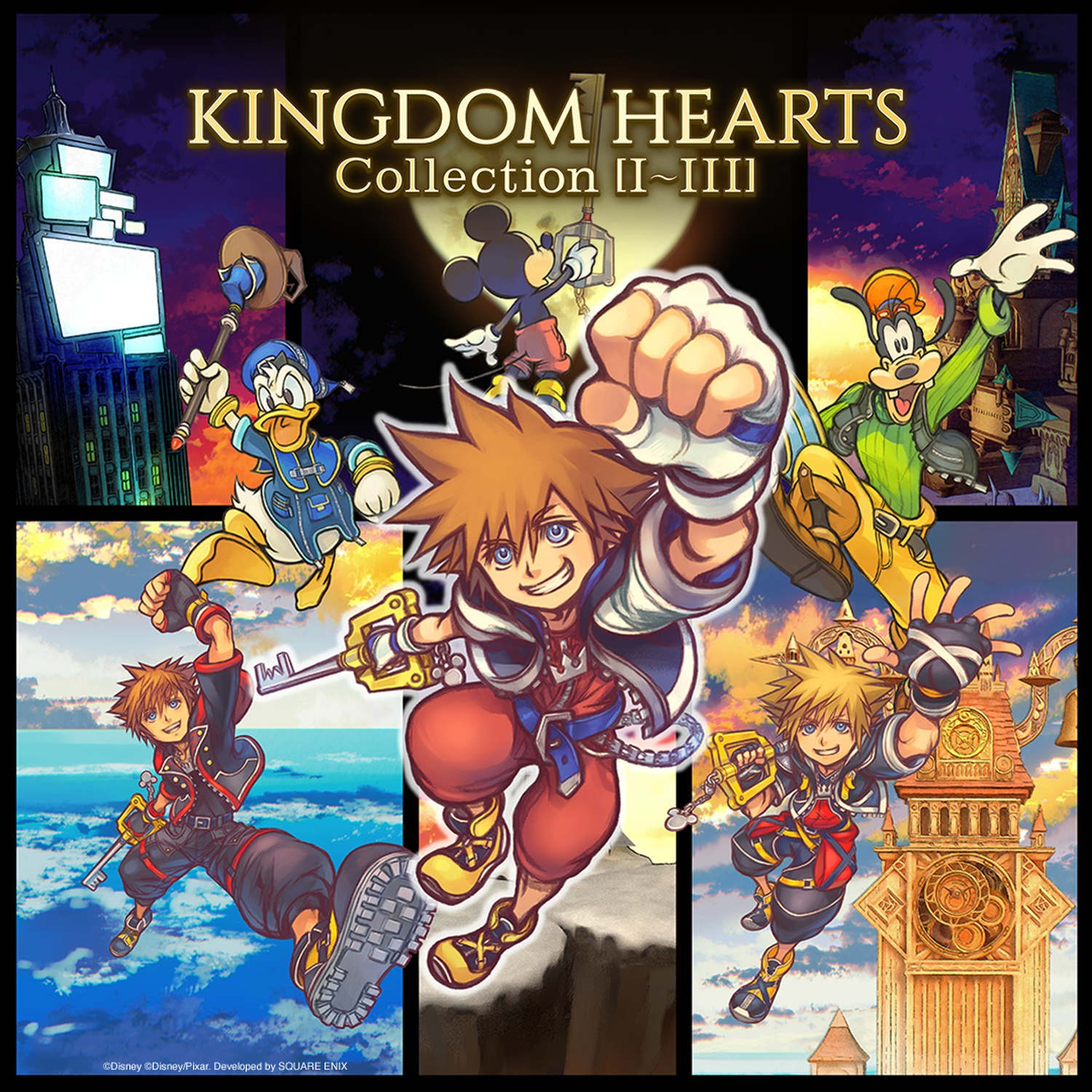 Sora, Donald, Goofy et Mickey devant un paysage urbain avec une tour.