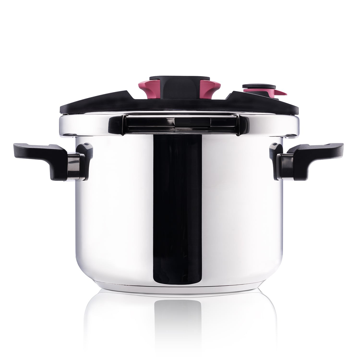Una olla a presión plateada con asas negras y tapa negra con detalles rosas.