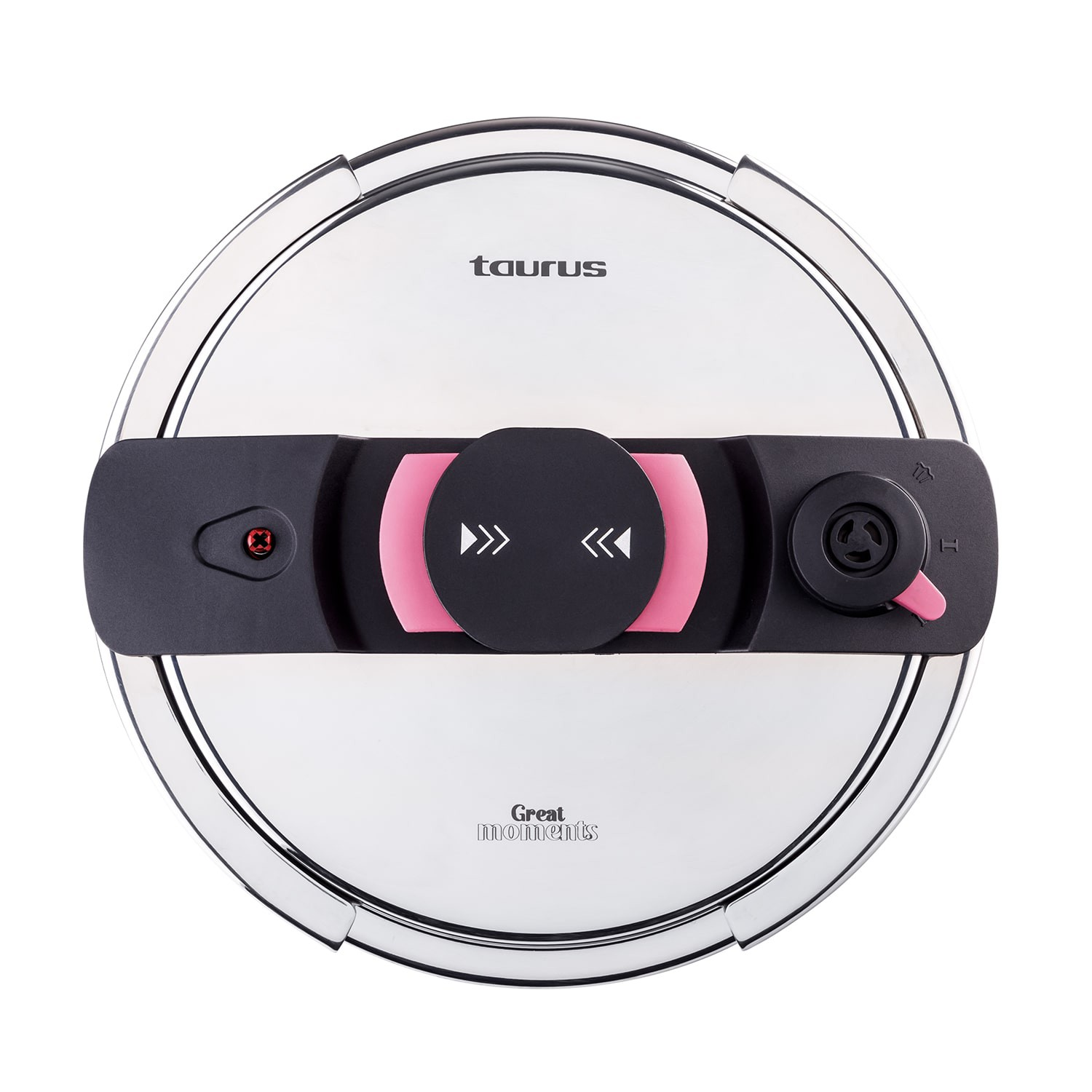 Un robot aspirador redondo con logo Taurus y detalles rosas en la superficie superior negra.