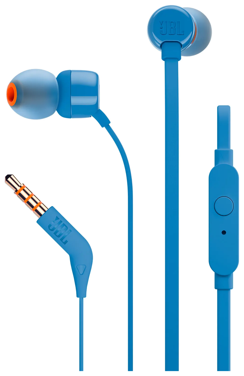 Niebieskie słuchawki JBL z pomarańczowymi akcentami i wtyczką 3,5 mm.