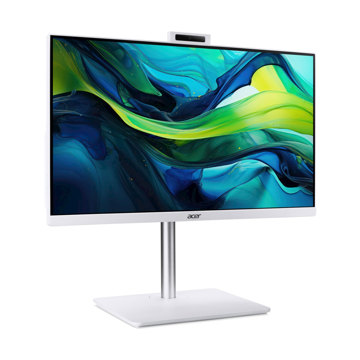 Un PC All-in-One Acer bianco con uno sfondo astratto sullo schermo.