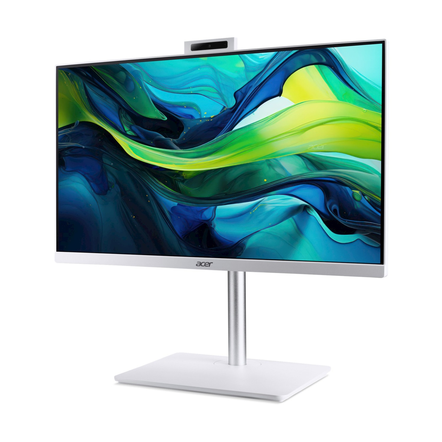 Un computer all-in-one bianco con uno sfondo astratto e colorato sullo schermo.