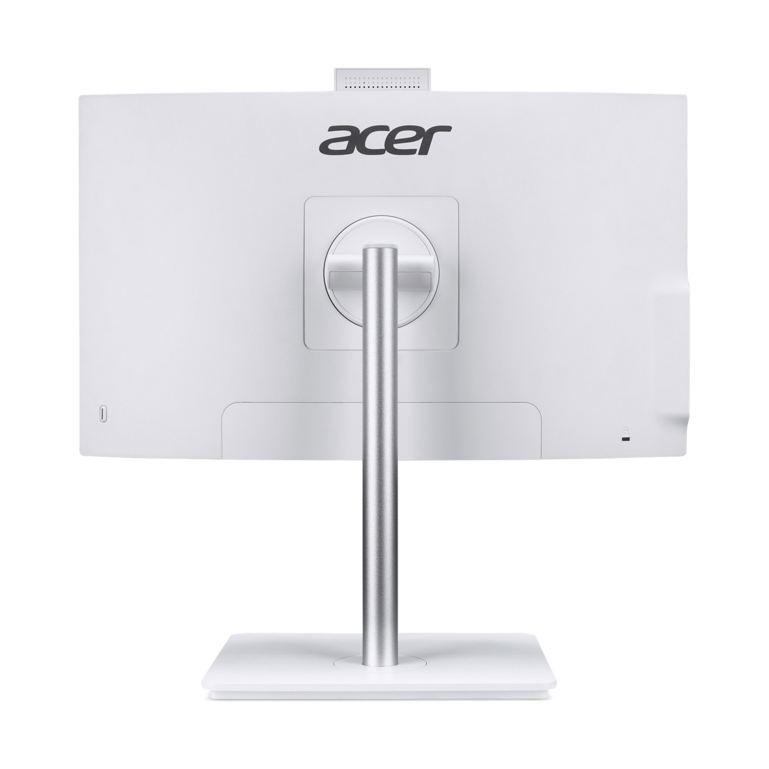 Vista posteriore di un computer all-in-one Acer bianco con supporto argentato.