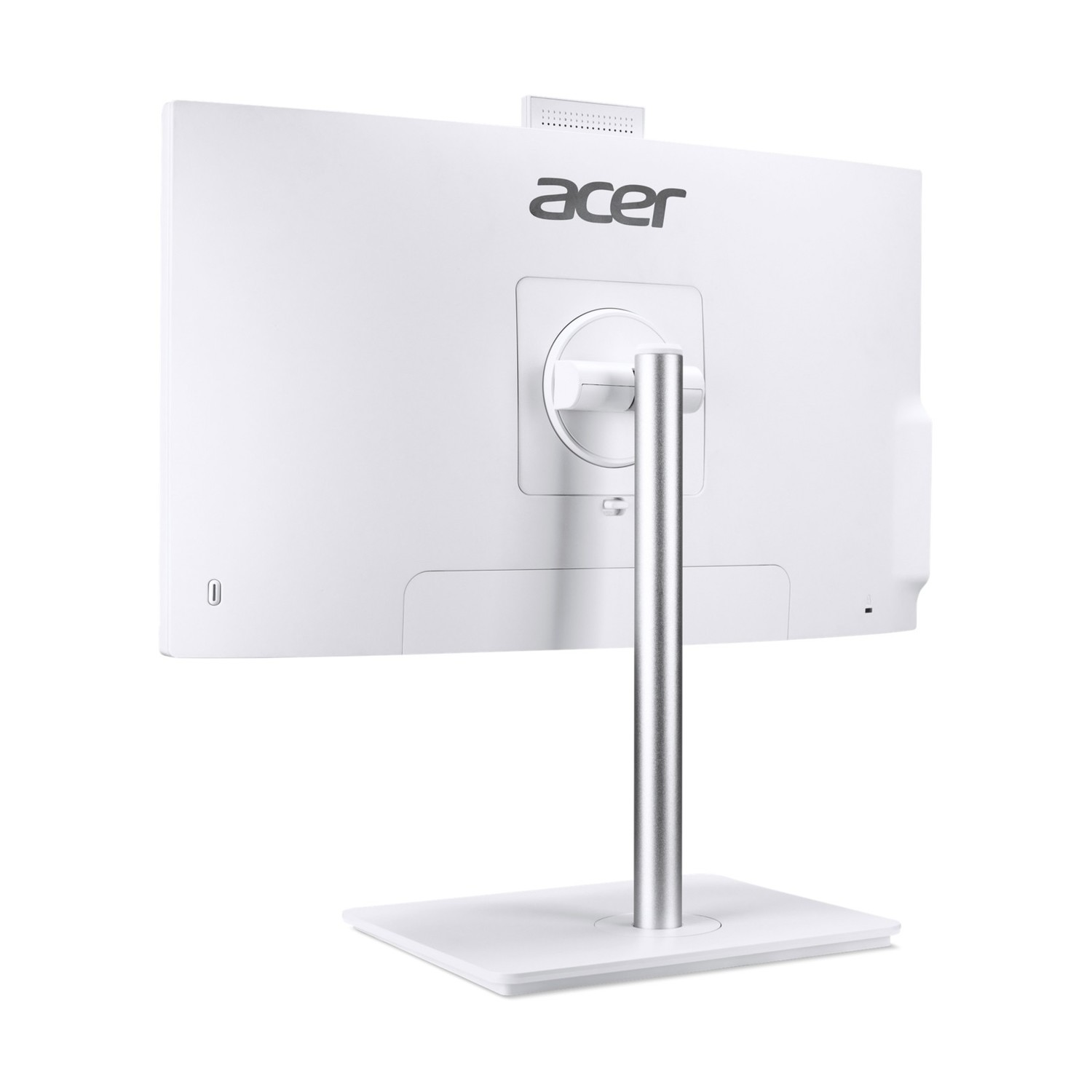 Vista posteriore di un computer all-in-one Acer bianco con supporto argento.