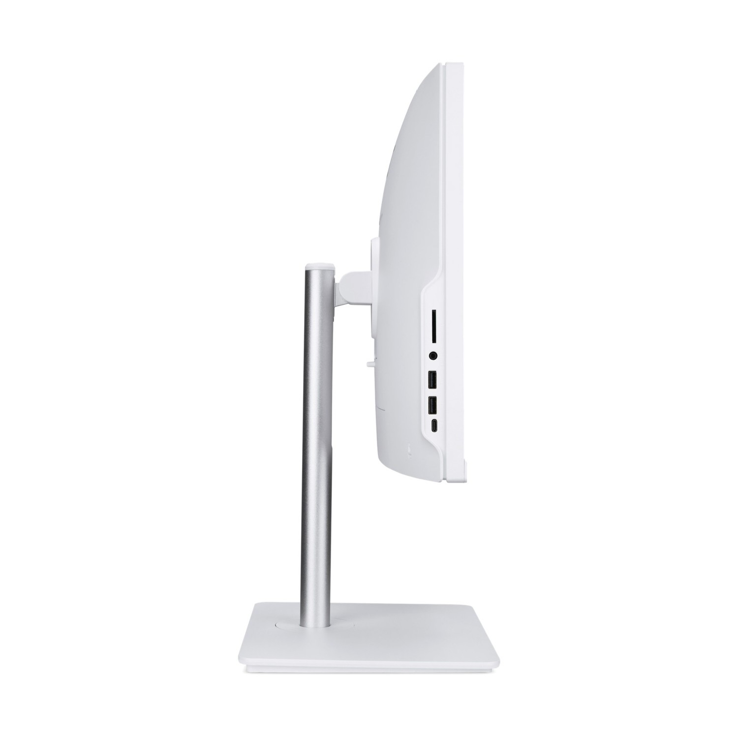 Lato monitor bianco con supporto argento e porte.