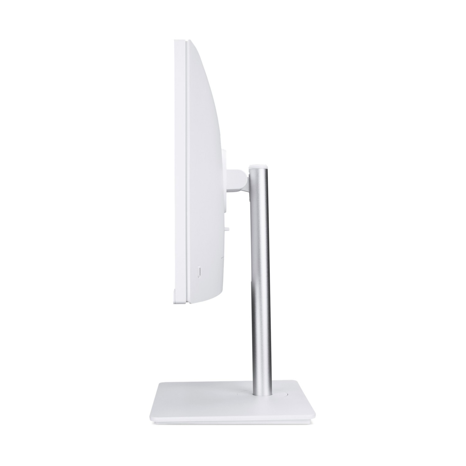 Retro monitor bianco con supporto argento su sfondo bianco.