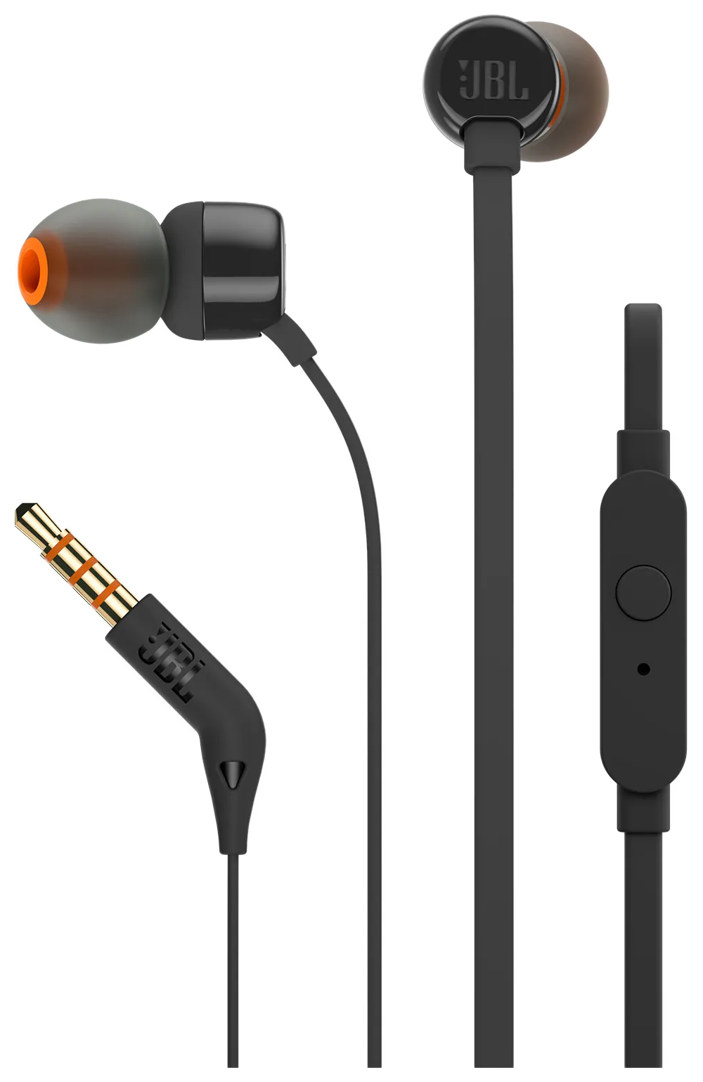 Czarne słuchawki JBL z pomarańczowymi akcentami i wtyczką 3,5 mm.
