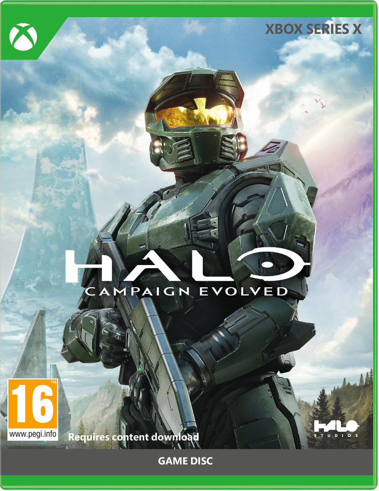 Master Chief w zielonej zbroi trzyma pistolet, z tytułem Halo Campaign Evolved.