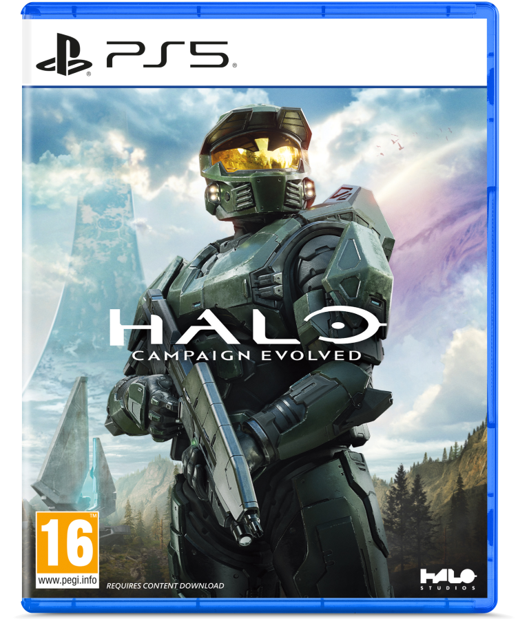 Master Chief w zielonej zbroi trzyma broń, okładka gry PS5, górzysty krajobraz.