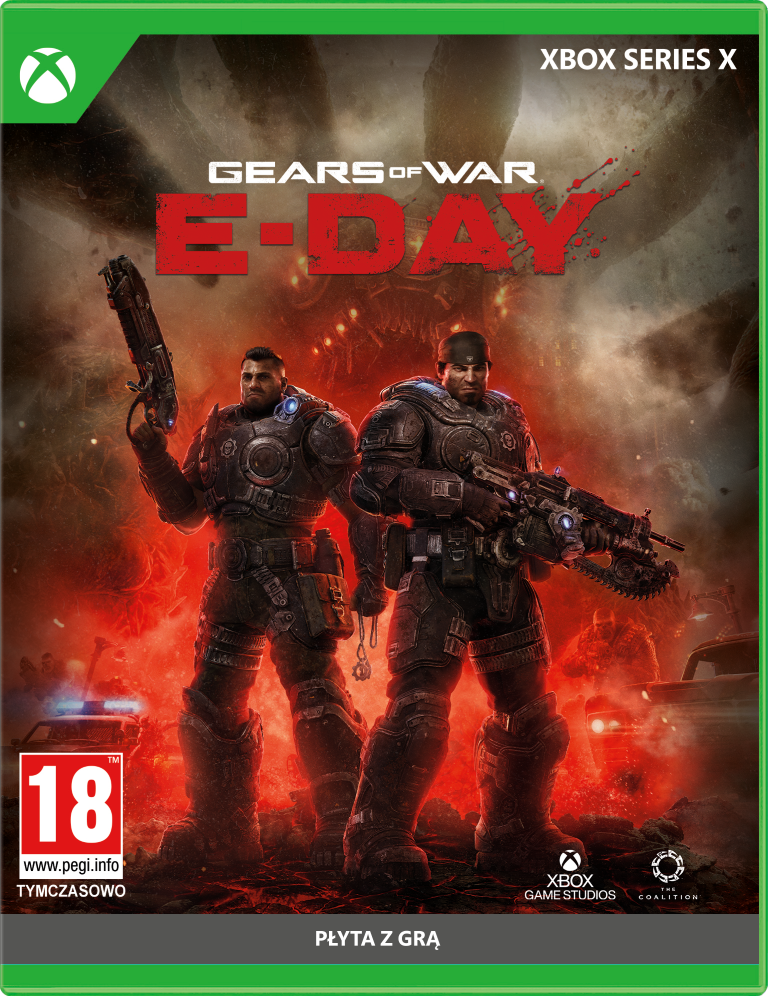Okładka Gears of War E-Day: Dwóch opancerzonych żołnierzy z bronią, logo Xbox Series X, wiek 18.