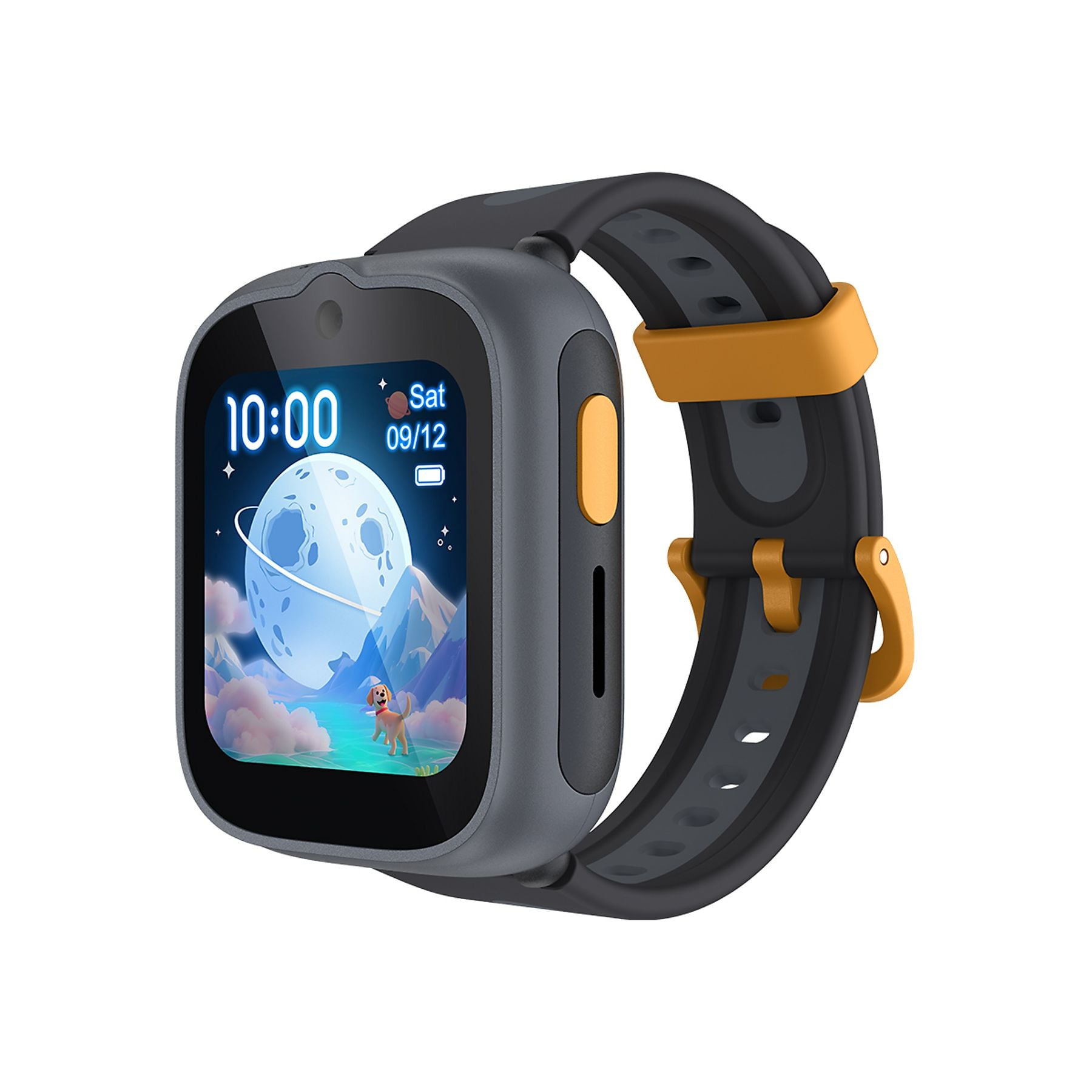 Reloj inteligente gris con acentos amarillos y un fondo de pantalla de dibujos animados.
