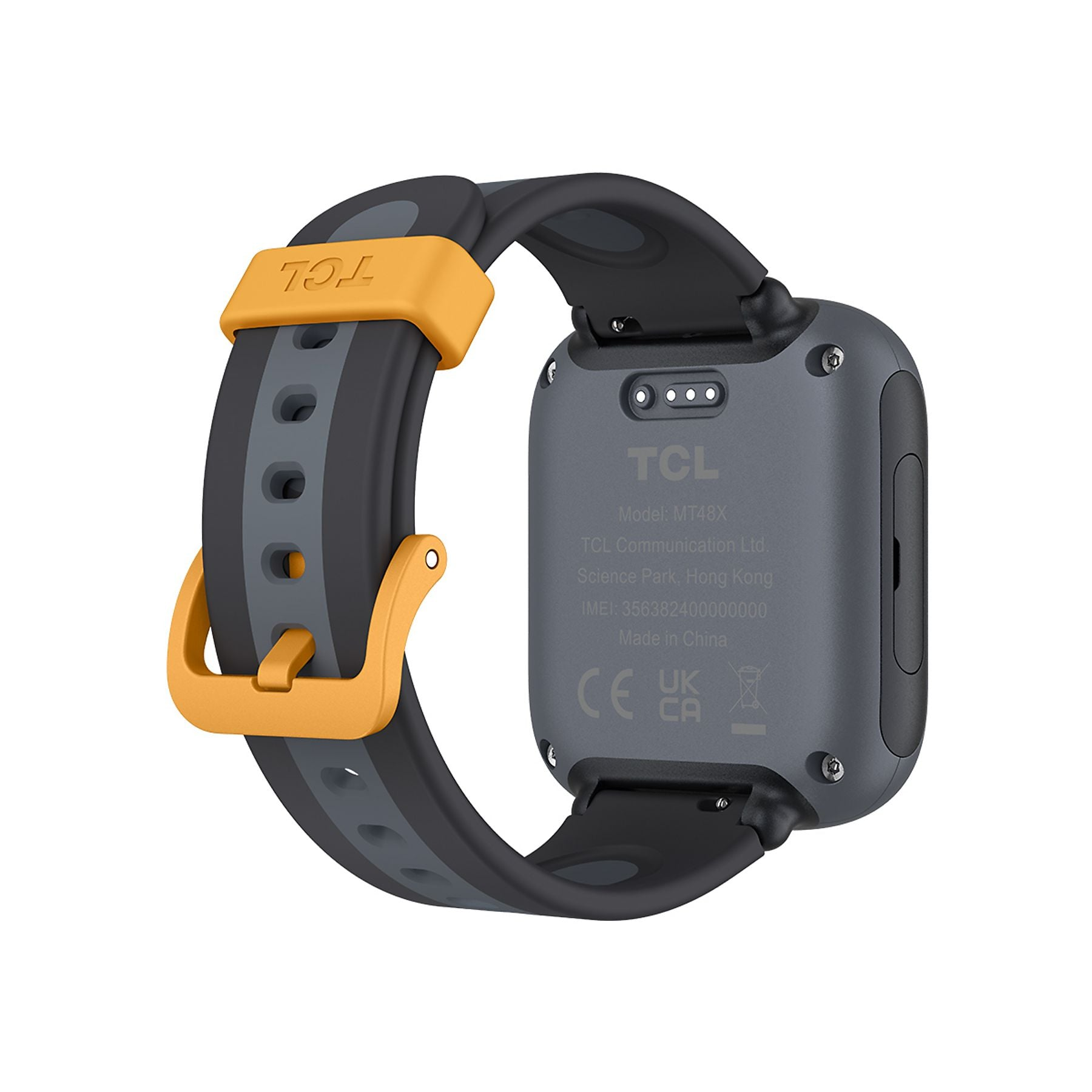 Reloj inteligente gris con acento amarillo y correa negra. Reverso muestra logo TCL e info modelo.