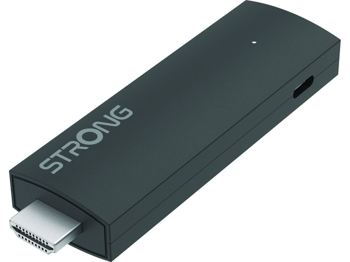 Un dongle HDMI negro con el logo de STRONG y un conector HDMI visible.