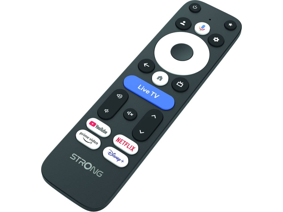 Un mando a distancia negro con botones para Live TV, YouTube, Netflix, Prime Video y Disney+.