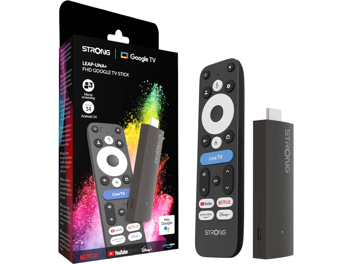 Un stick Google TV con mando y embalaje, mostrado sobre fondo blanco.