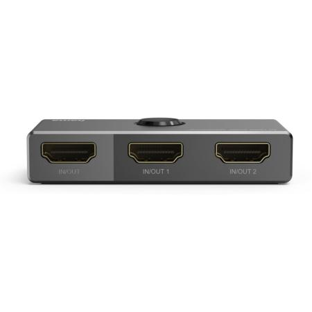 Switch HDMI gris con tres puertos: IN/OUT, IN/OUT 1, IN/OUT 2.