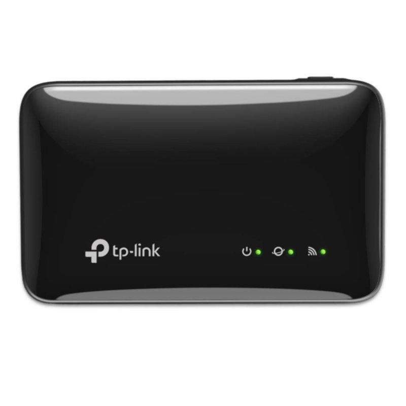 Dispositivo TP-Link negro con luces de estado y símbolo Wi-Fi.
