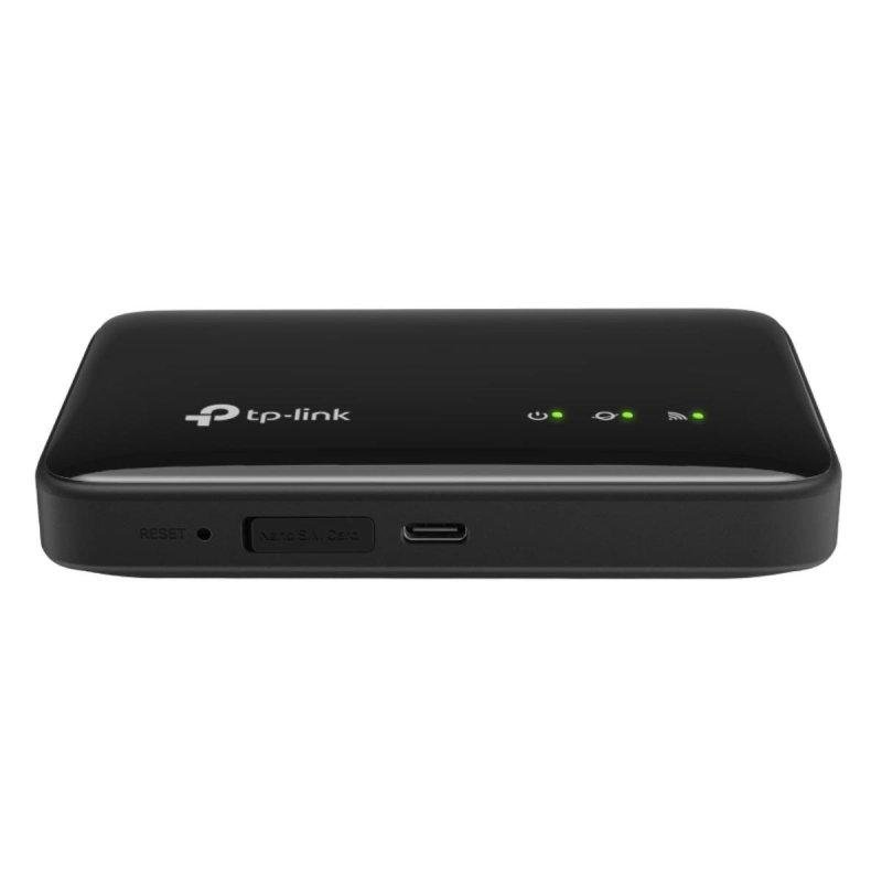 Router TP-Link negro con ranura para tarjeta SIM y puerto USB.