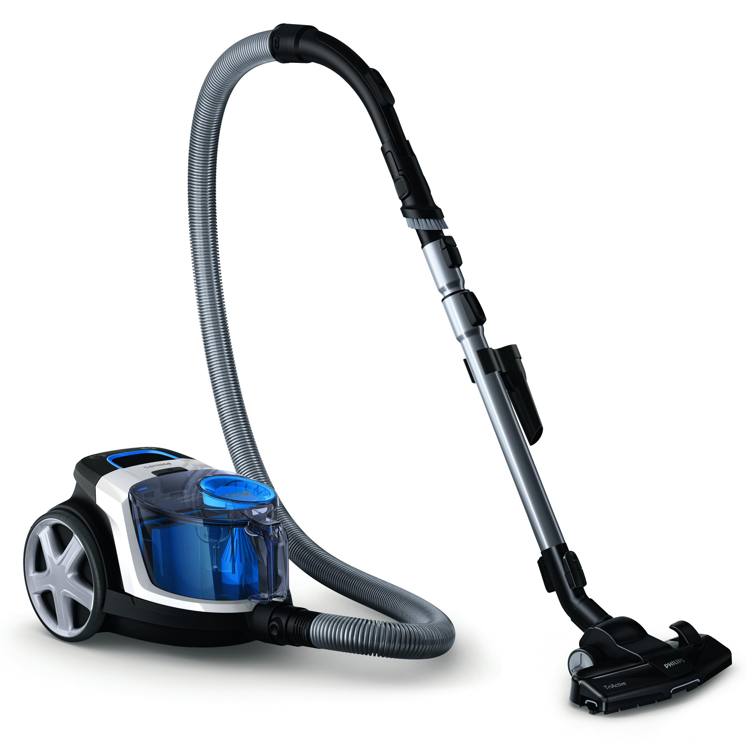 Ein schwarzer und blauer Philips Staubsauger mit transparentem Behälter auf weißem Hintergrund.