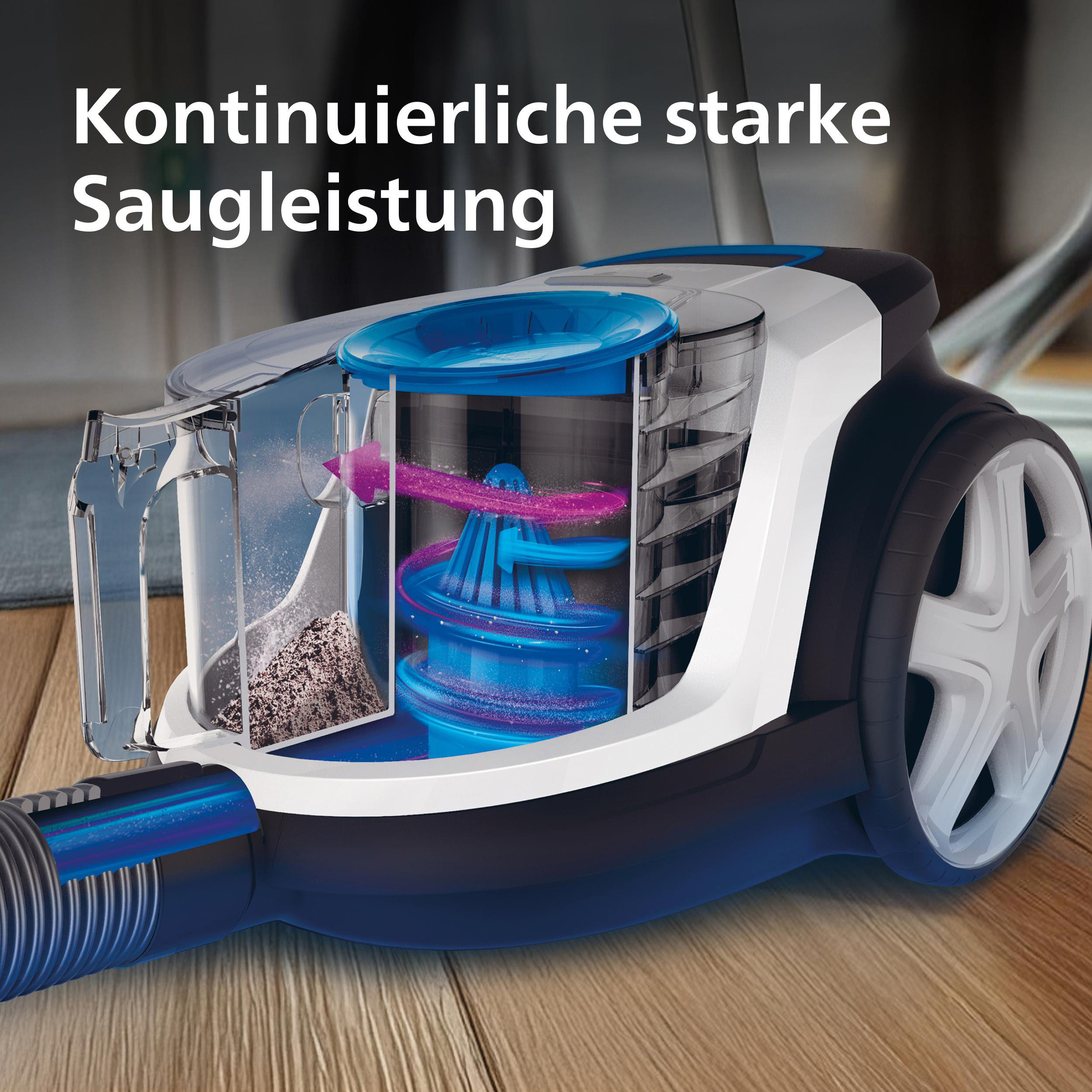 Ein Staubsauger mit durchsichtigem Behälter zeigt Schmutz und einen blauen Spiralfilter.