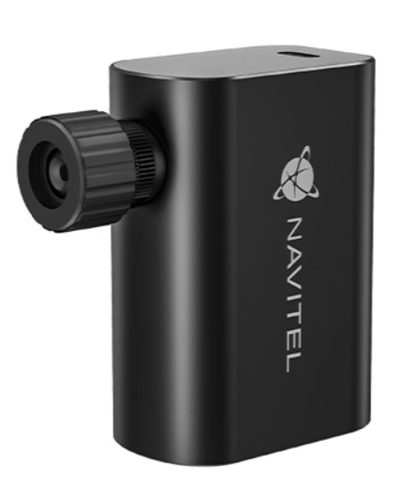Czarne urządzenie z obiektywem po lewej i logo Navitel po prawej.