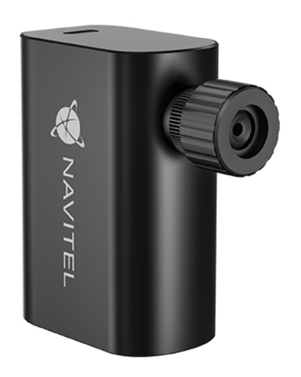 Czarny Navitel z obiektywem z boku i szczeliną na górze.