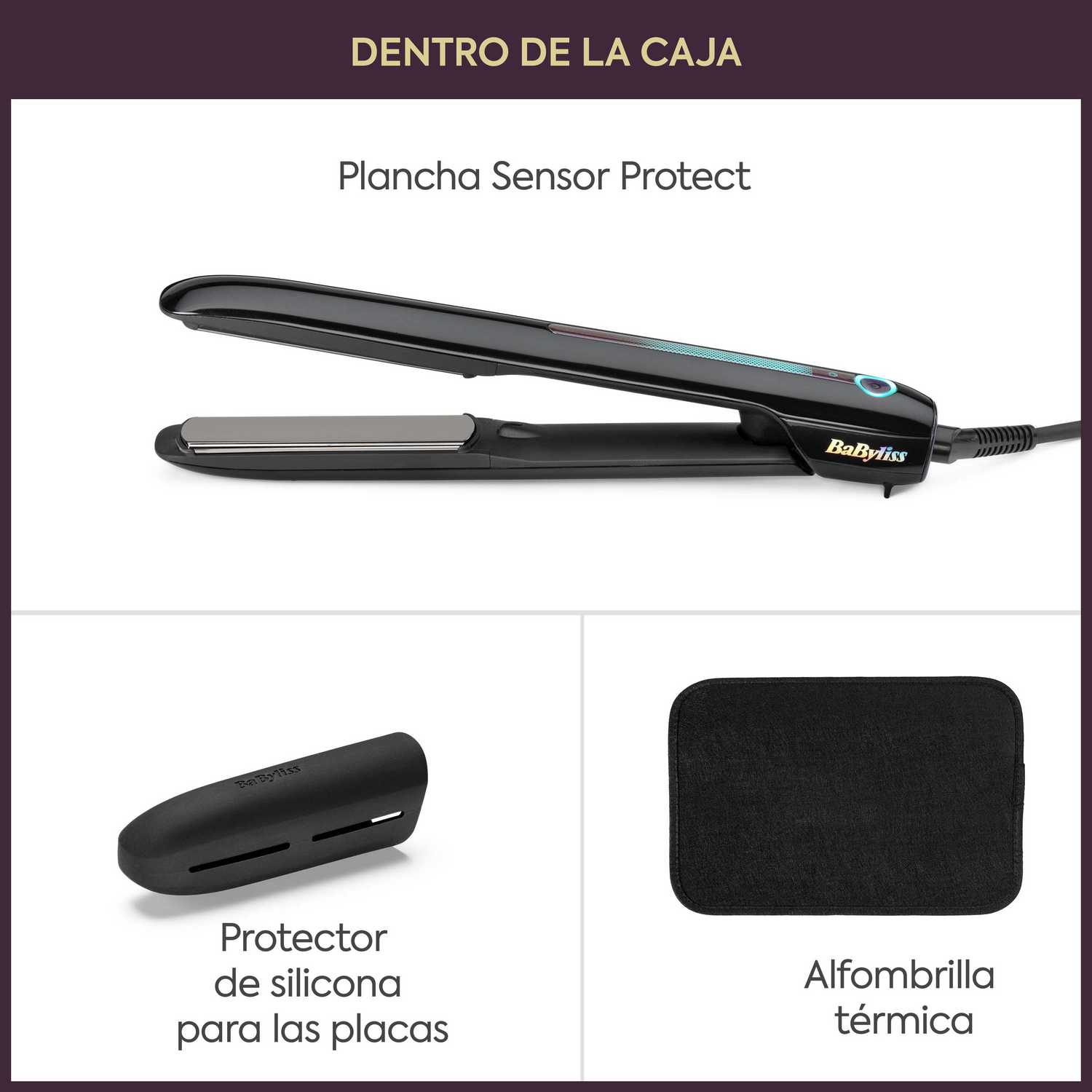 Una plancha de pelo BaByliss negra, protector de silicona y alfombrilla térmica.