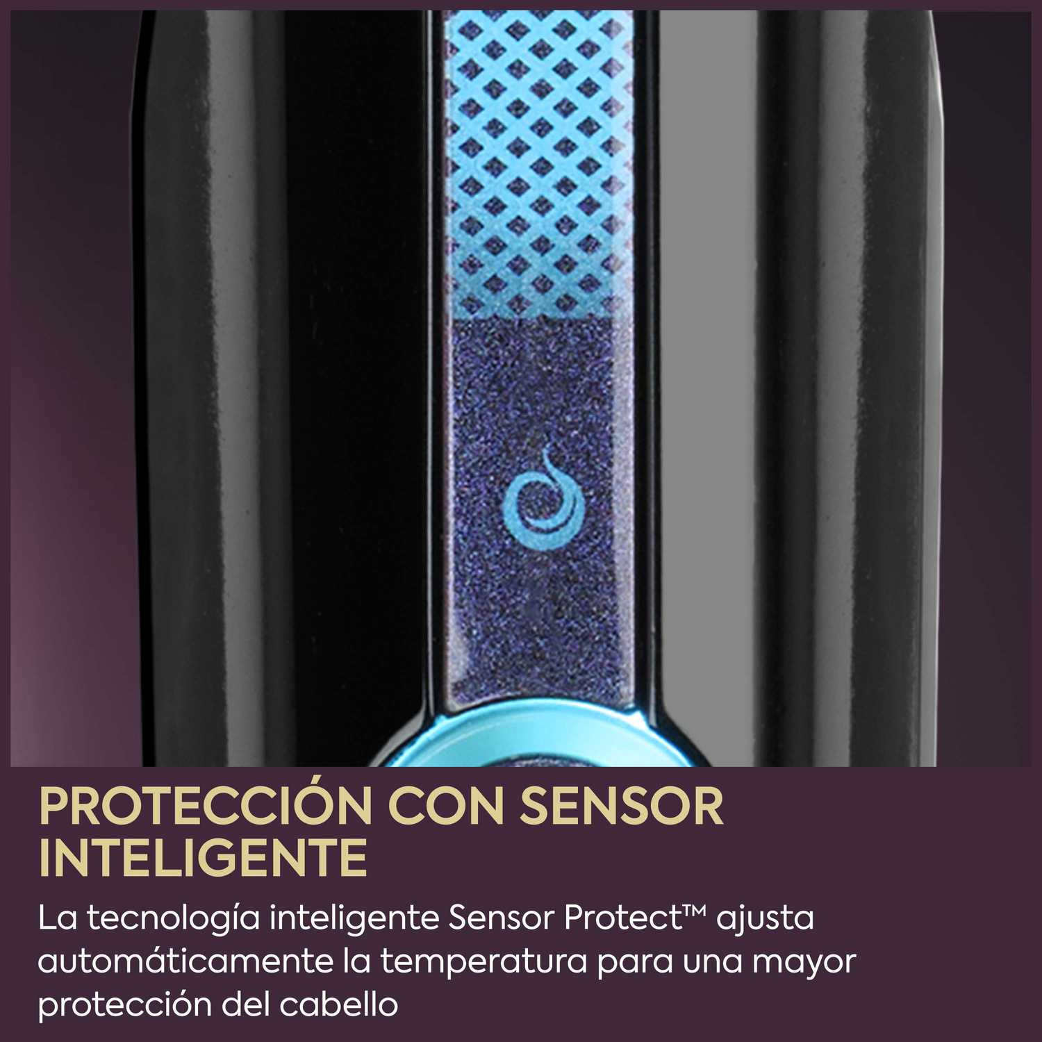 Una plancha negra con patrón azul y texto sobre ajuste inteligente de temperatura.