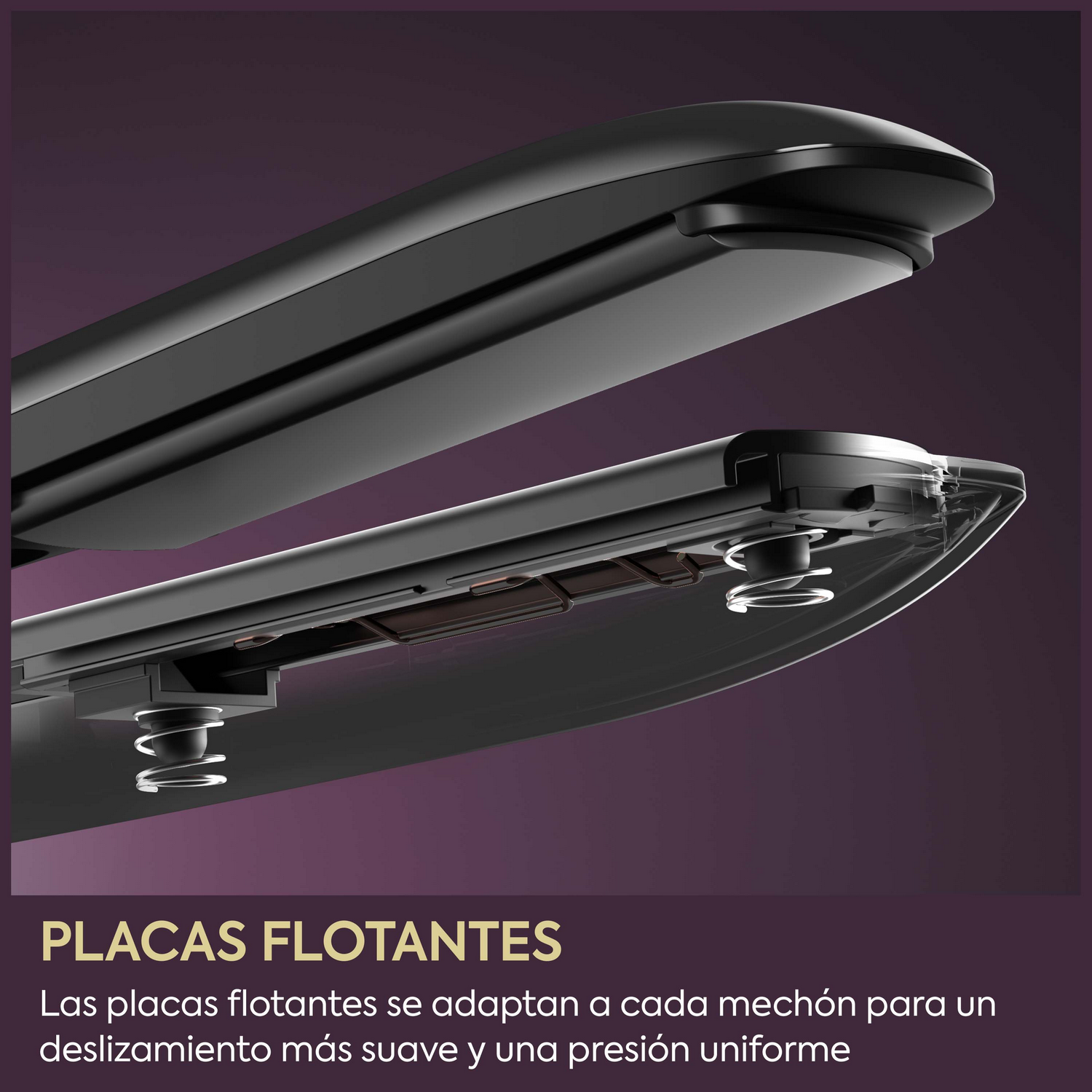 Primer plano de placas flotantes negras en una plancha para el cabello sobre fondo morado.