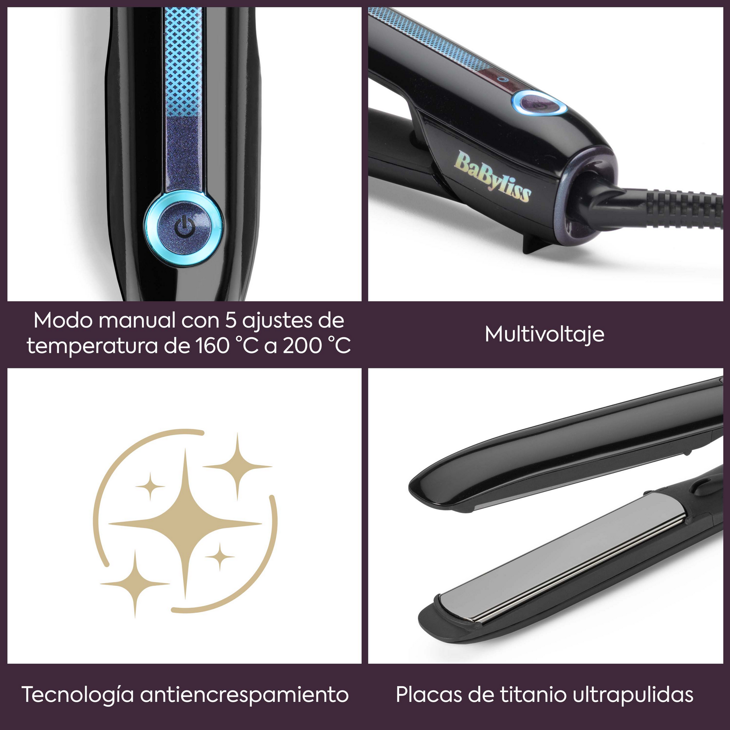 Plancha de pelo negra con detalles azules y varias funciones.