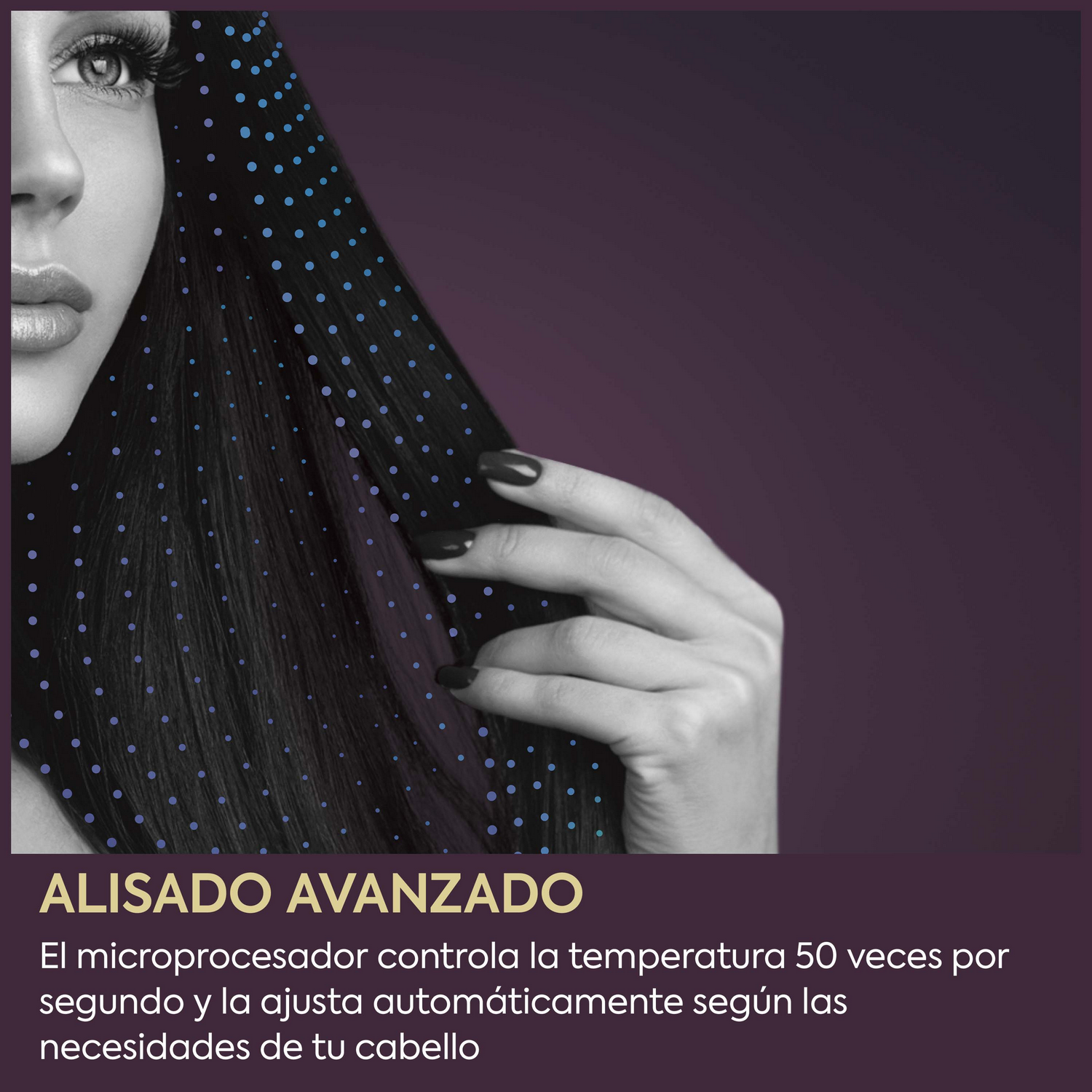 Primer plano de una mujer con cabello negro liso, rodeado de puntos azules.