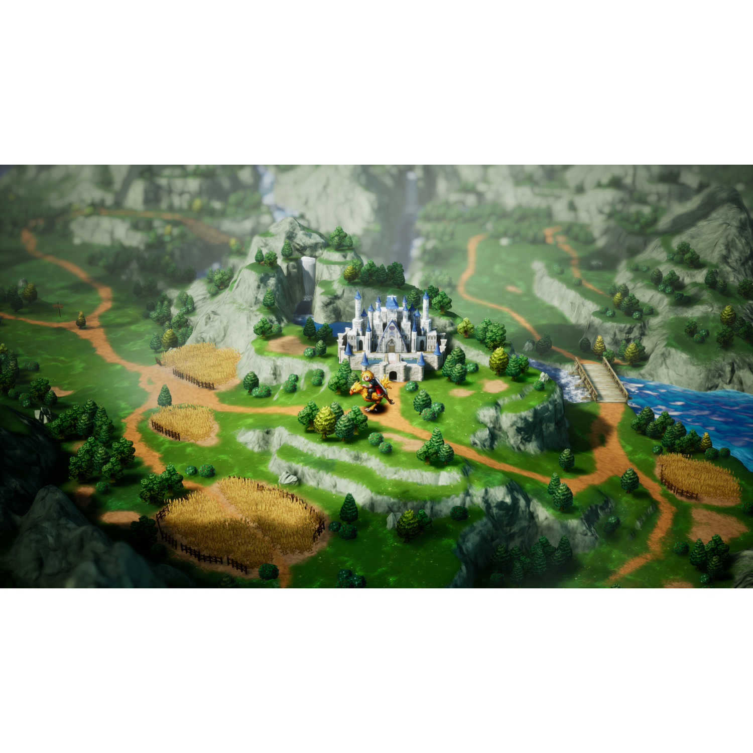 Een fantasielandschap met een kasteel op een heuvel, velden en een rivier.
